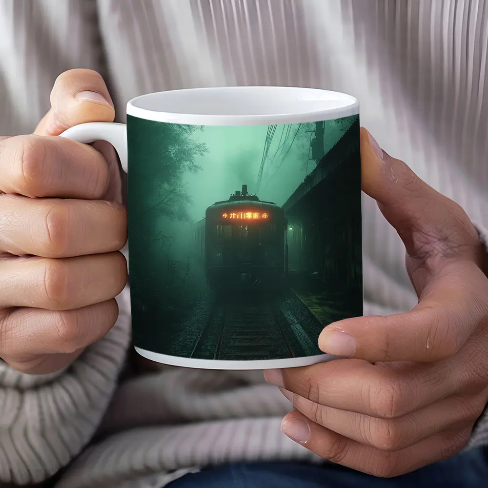Foggy Train Approaching Dark Misty Station – Mugs