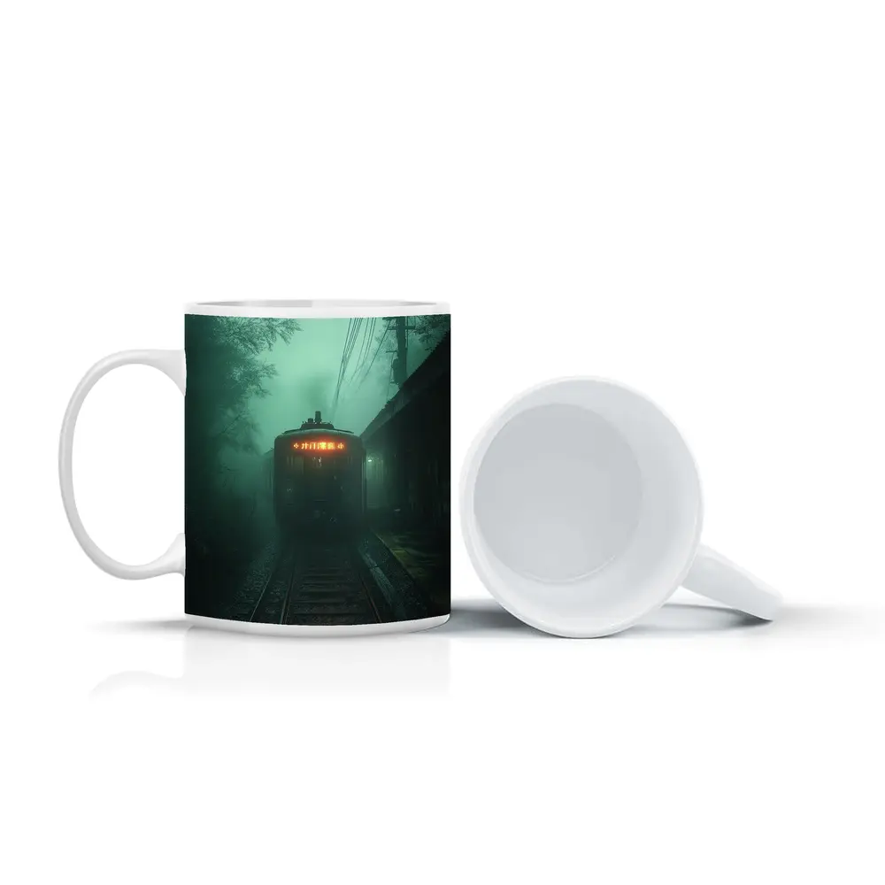 Foggy Train Approaching Dark Misty Station – Mugs