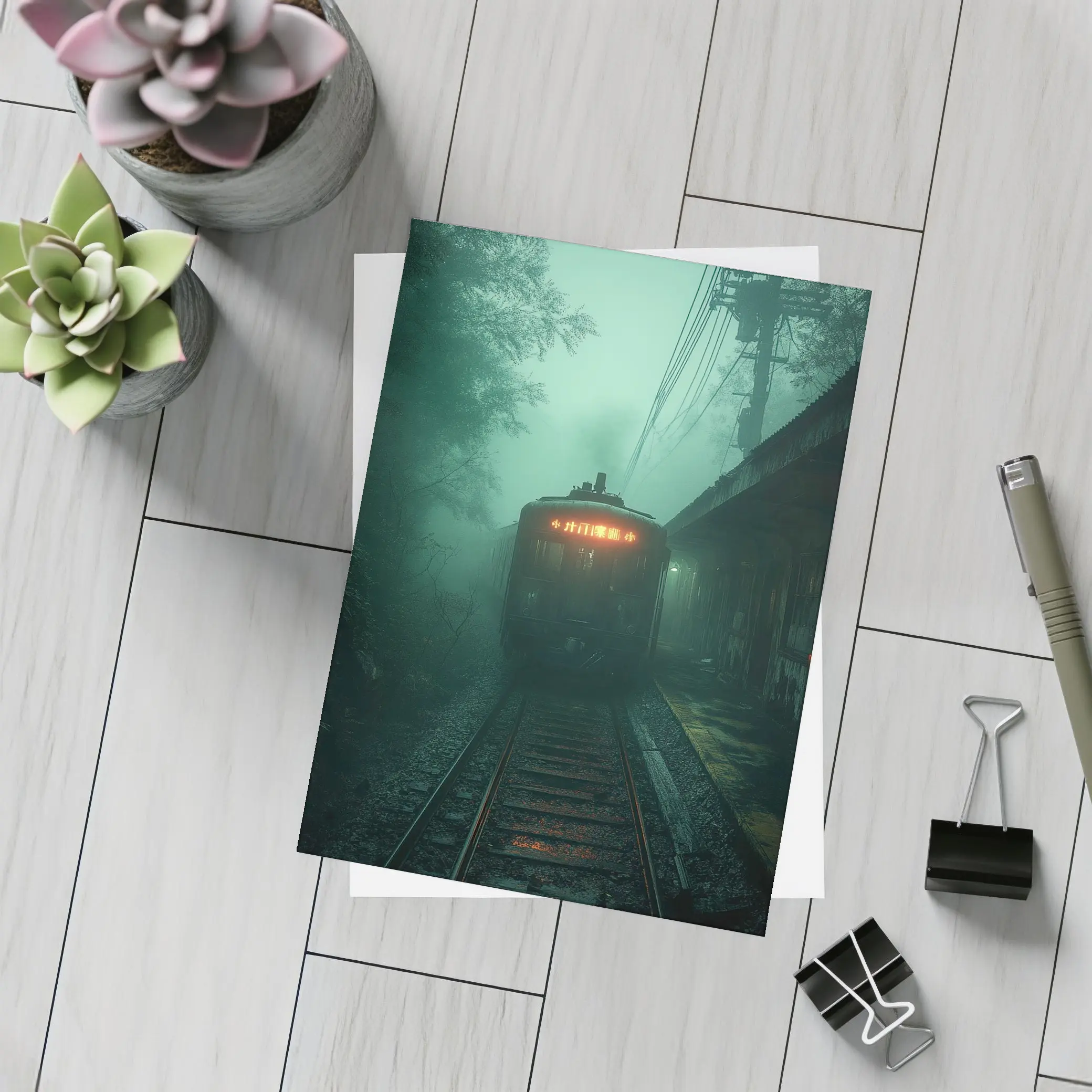 Foggy Train Approaching Dark Misty Station – Postcards