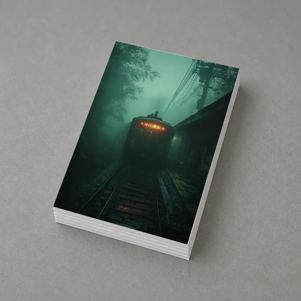 Foggy Train Approaching Dark Misty Station – Postcards
