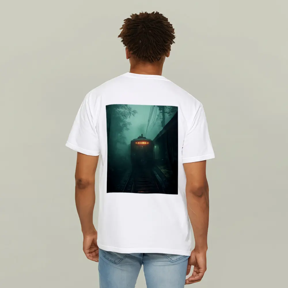 Foggy Train Approaching Dark Misty Station – T-Shirts