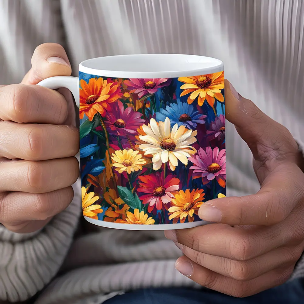 Colorful Daisy Flowers Oil Painting Art – Mugs