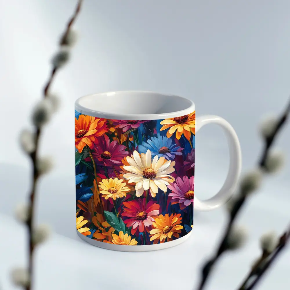 Colorful Daisy Flowers Oil Painting Art – Mugs