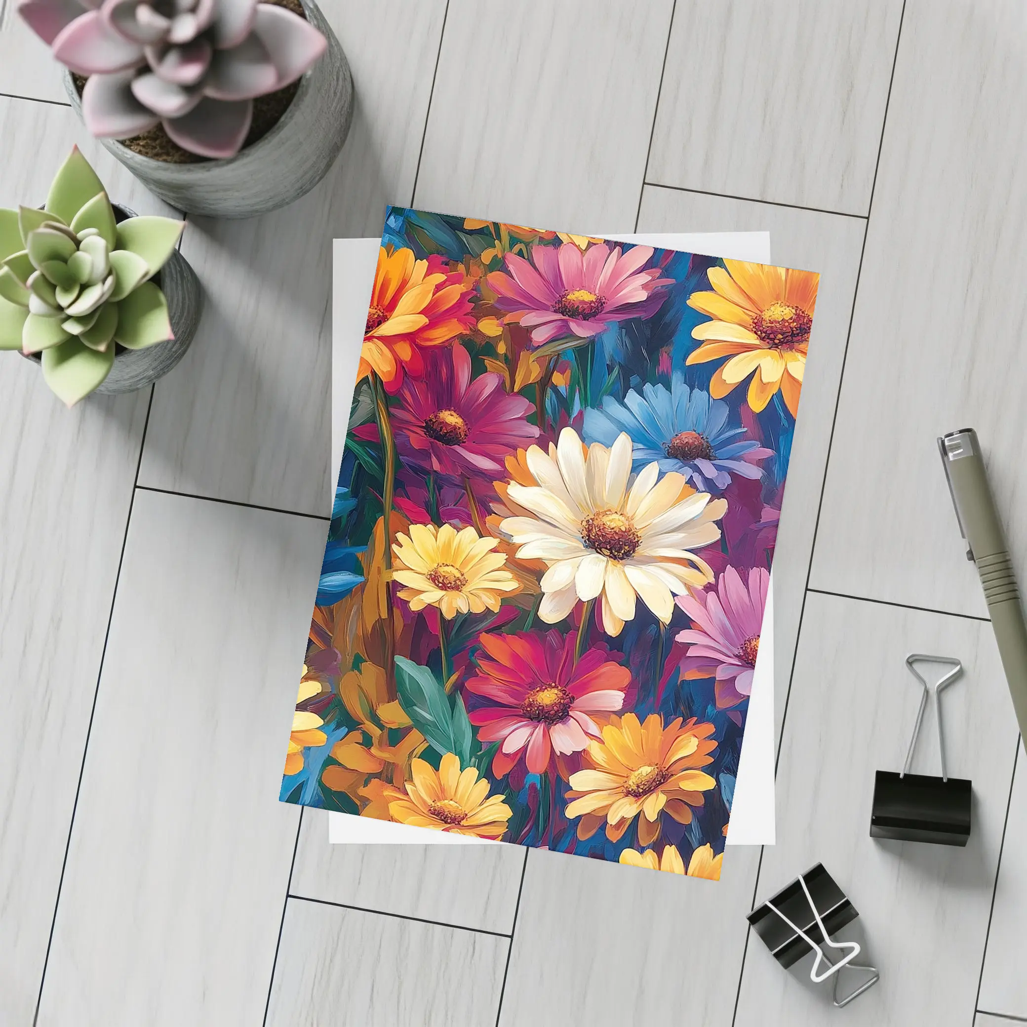 Colorful Daisy Flowers Oil Painting Art – Postcards