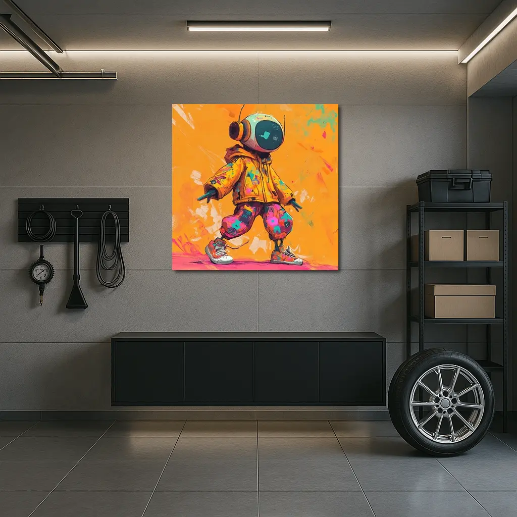 Robot DJ Streetwear Character Orange Background – Wall Art
