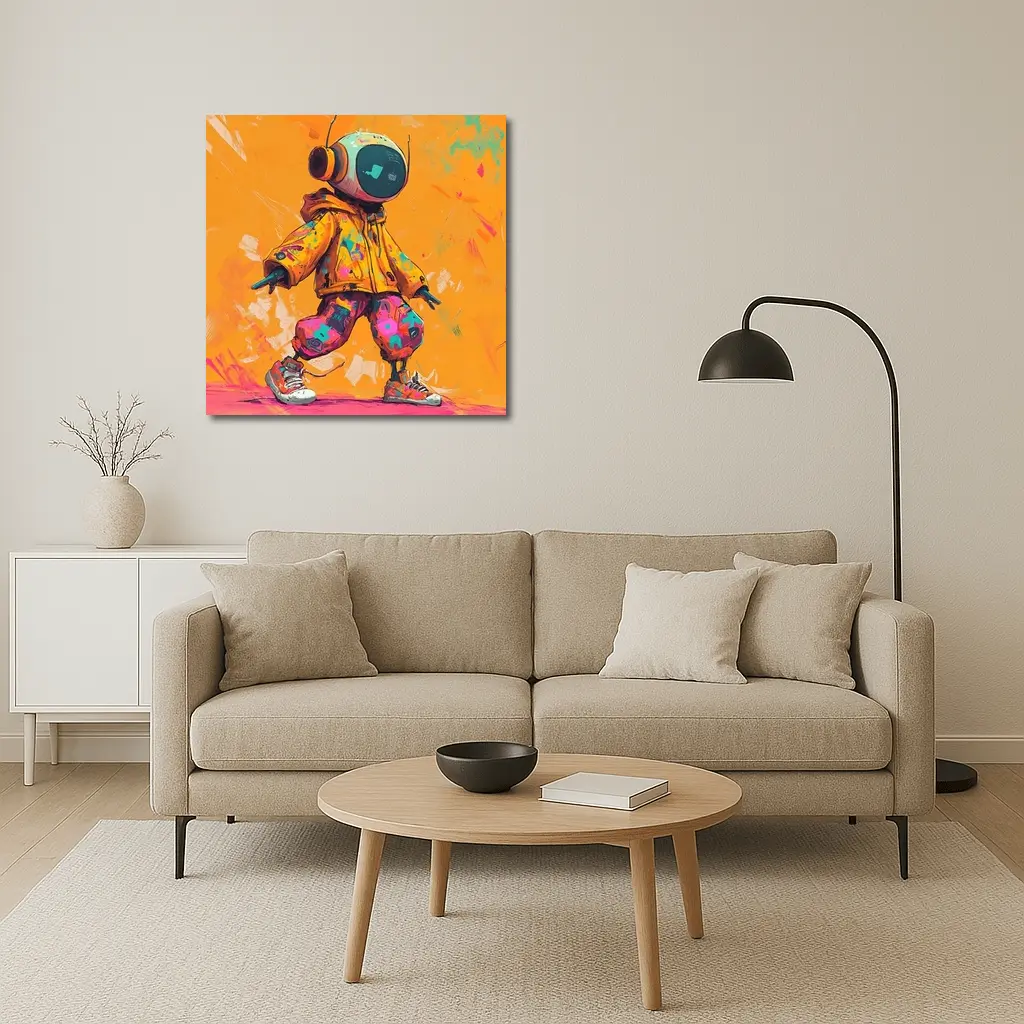 Robot DJ Streetwear Character Orange Background – Wall Art