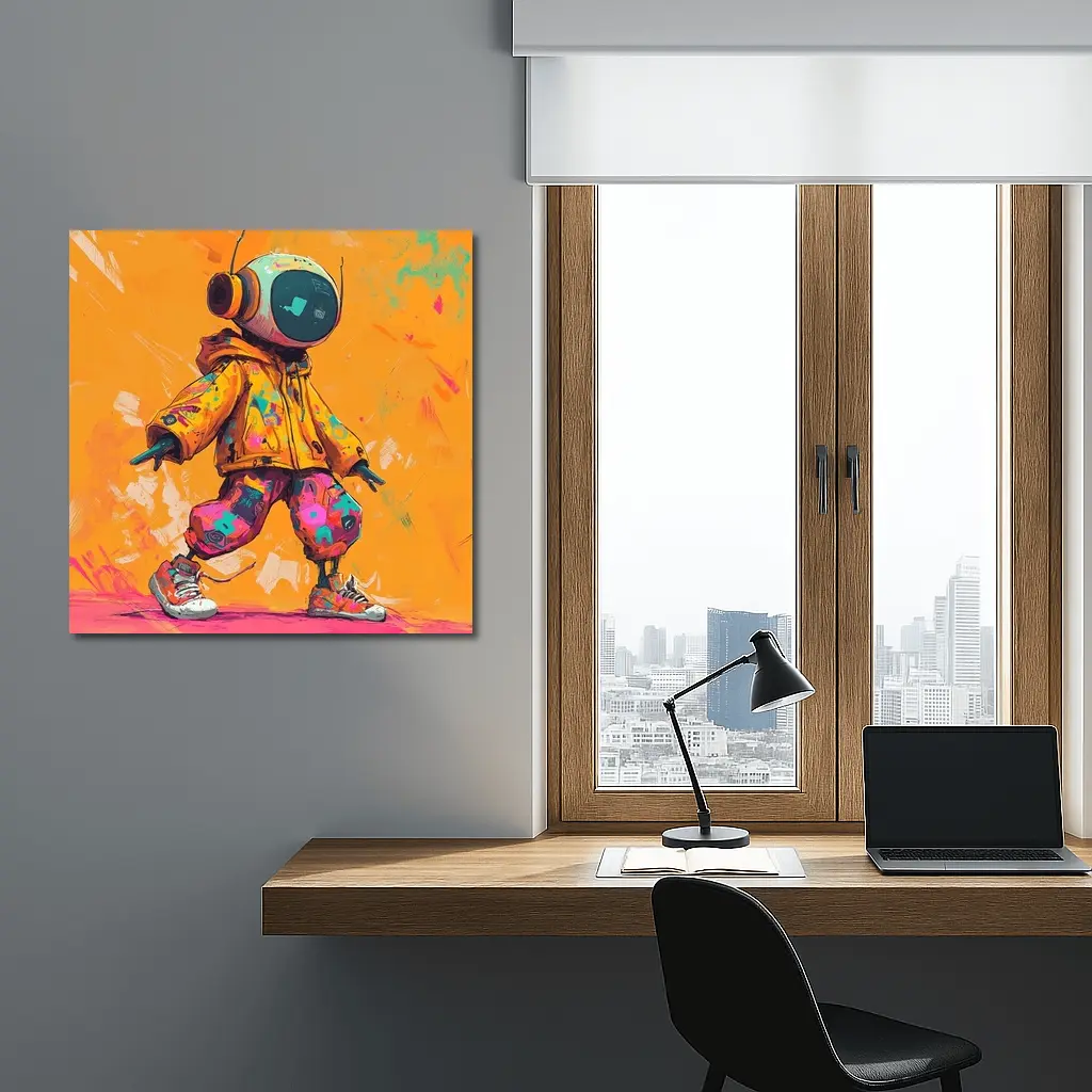 Robot DJ Streetwear Character Orange Background – Wall Art