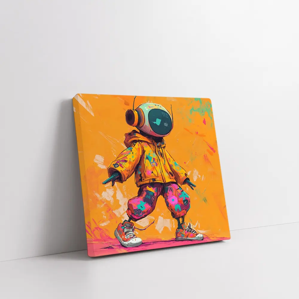 Robot DJ Streetwear Character Orange Background – Wall Art