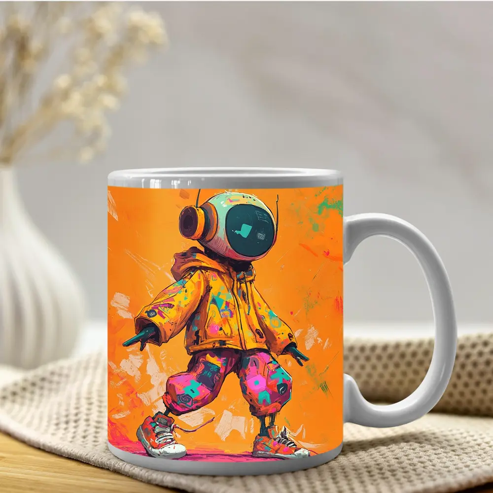 Robot DJ Streetwear Character Orange Background – Mugs