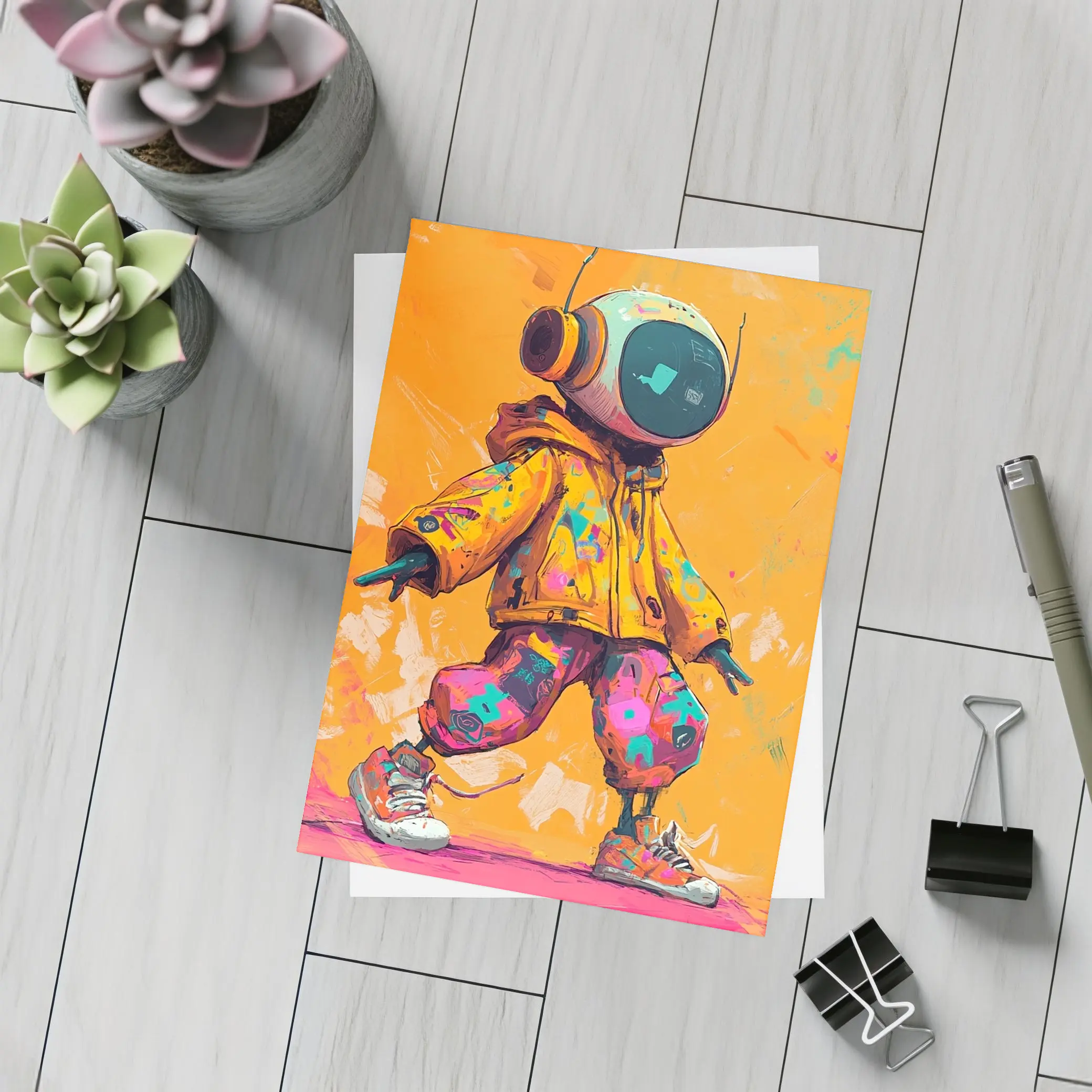 Robot DJ Streetwear Character Orange Background – Postcards