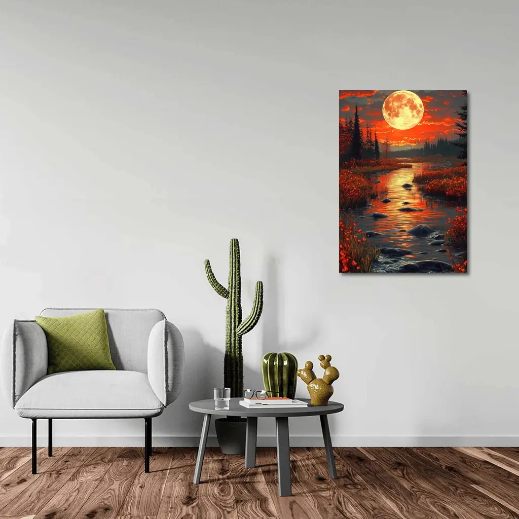 Full Moon Over Red Autumn River Landscape – Wall Art