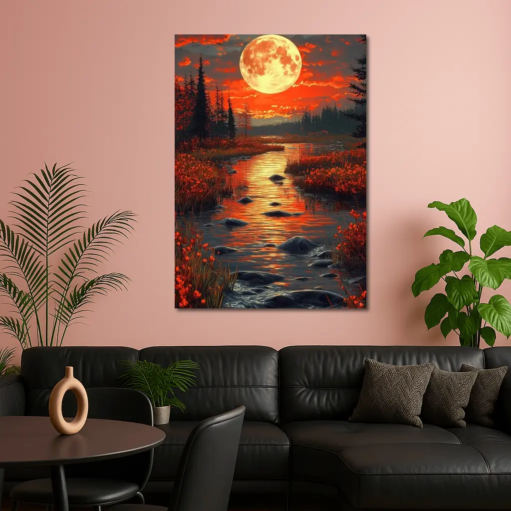 Full Moon Over Red Autumn River Landscape – Wall Art