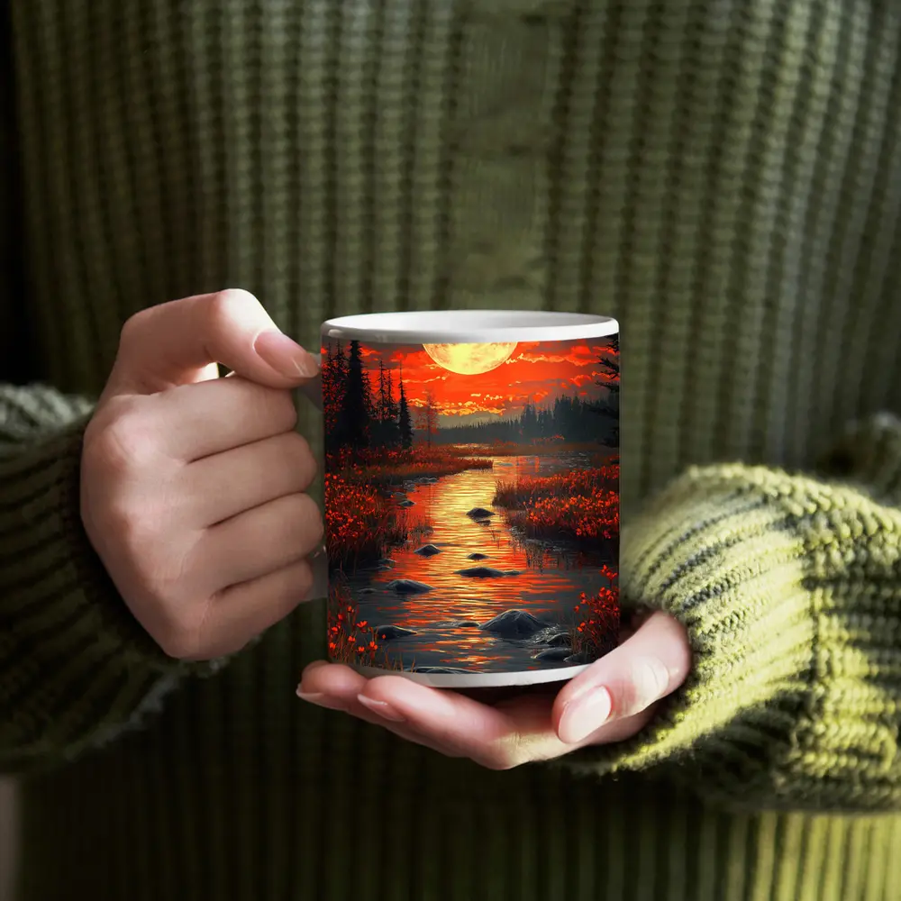 Full Moon Over Red Autumn River Landscape – Mugs