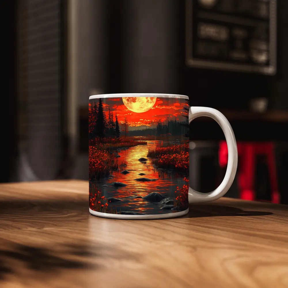 Full Moon Over Red Autumn River Landscape – Mugs