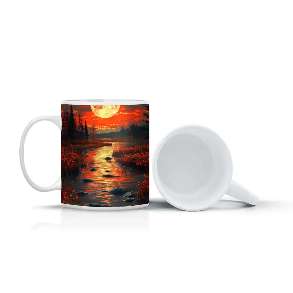 Full Moon Over Red Autumn River Landscape – Mugs