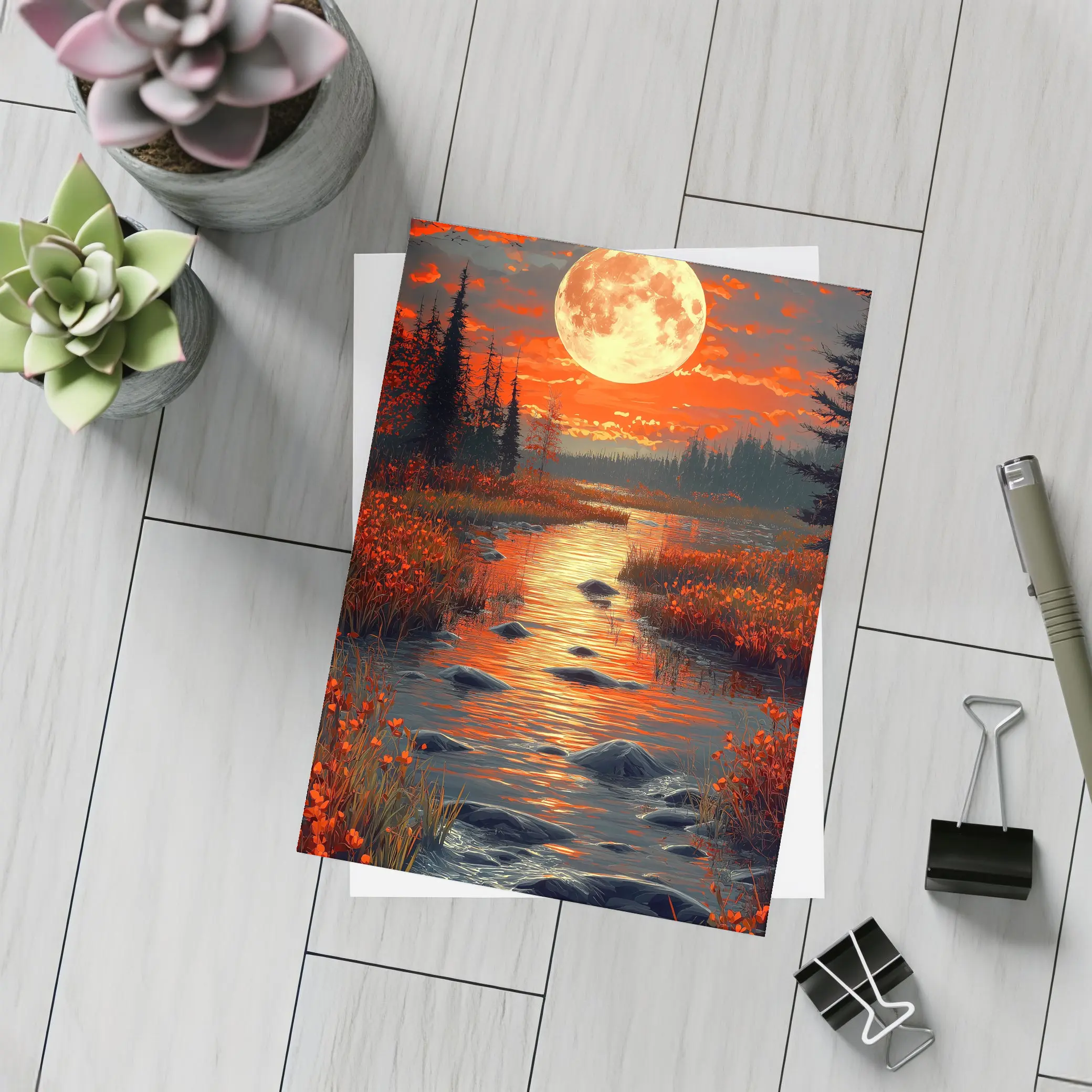 Full Moon Over Red Autumn River Landscape – Postcards