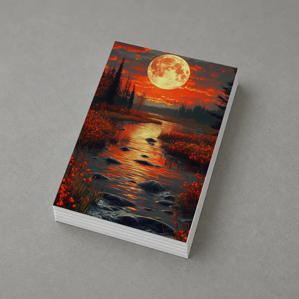 Full Moon Over Red Autumn River Landscape – Postcards