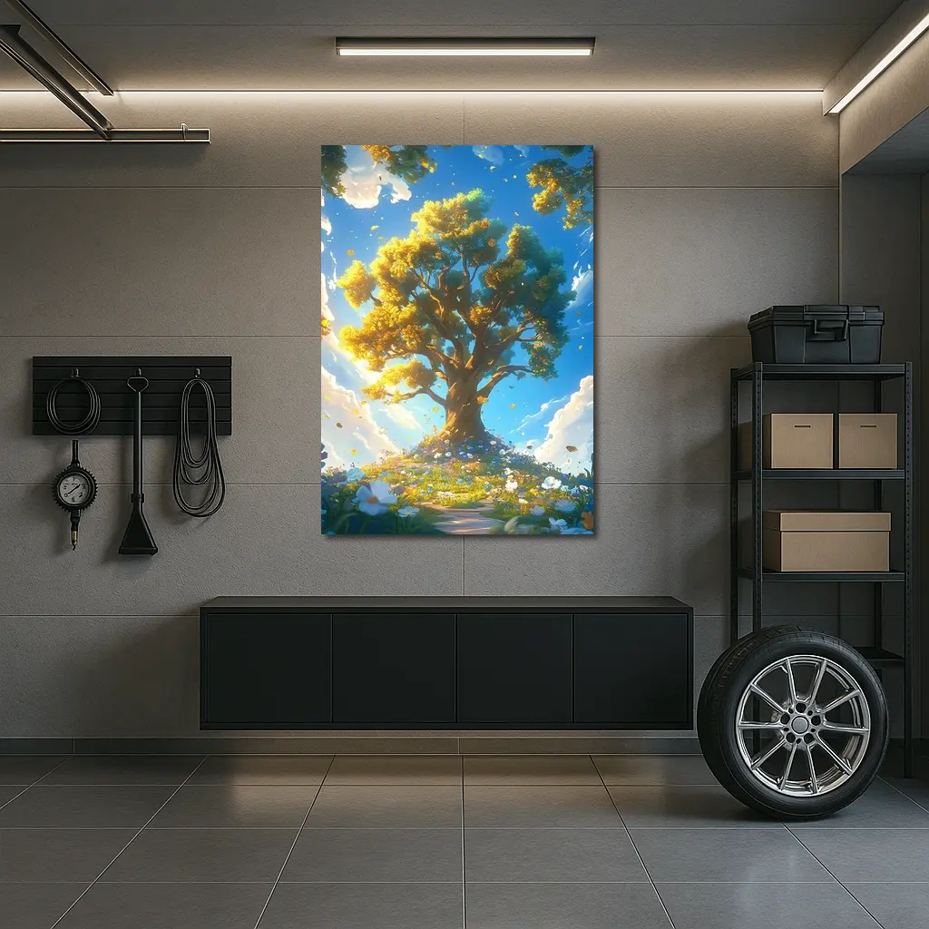 Golden Tree Blue Sky Floral Fantasy – Wall Art
