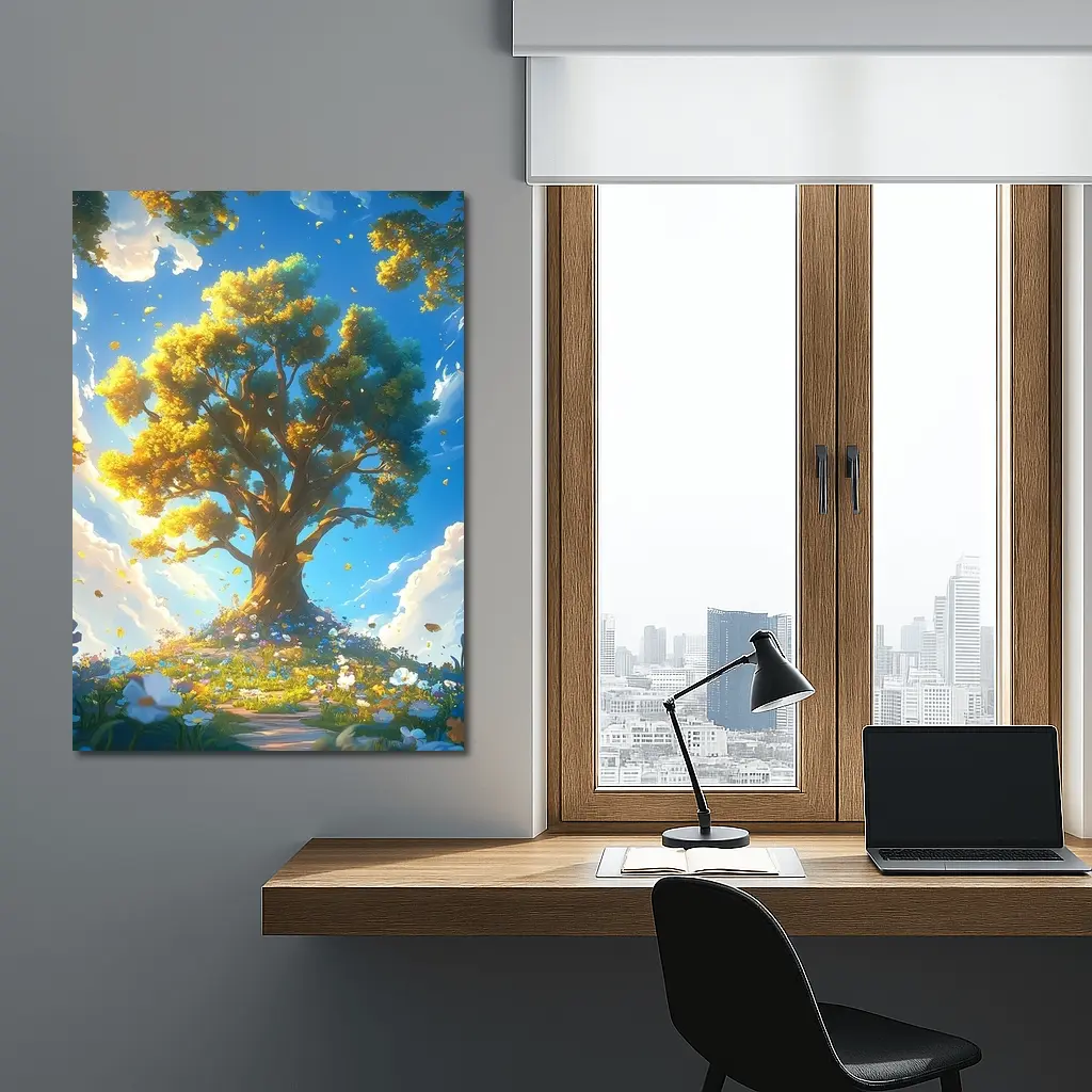 Golden Tree Blue Sky Floral Fantasy – Wall Art