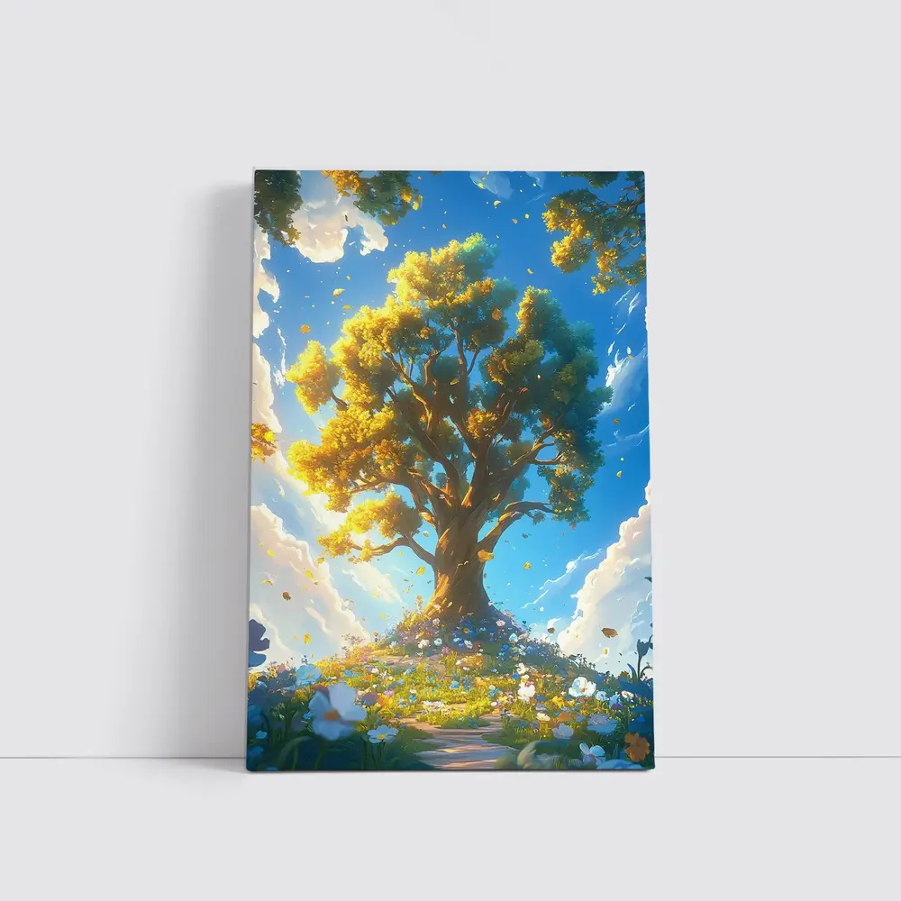 Golden Tree Blue Sky Floral Fantasy – Wall Art