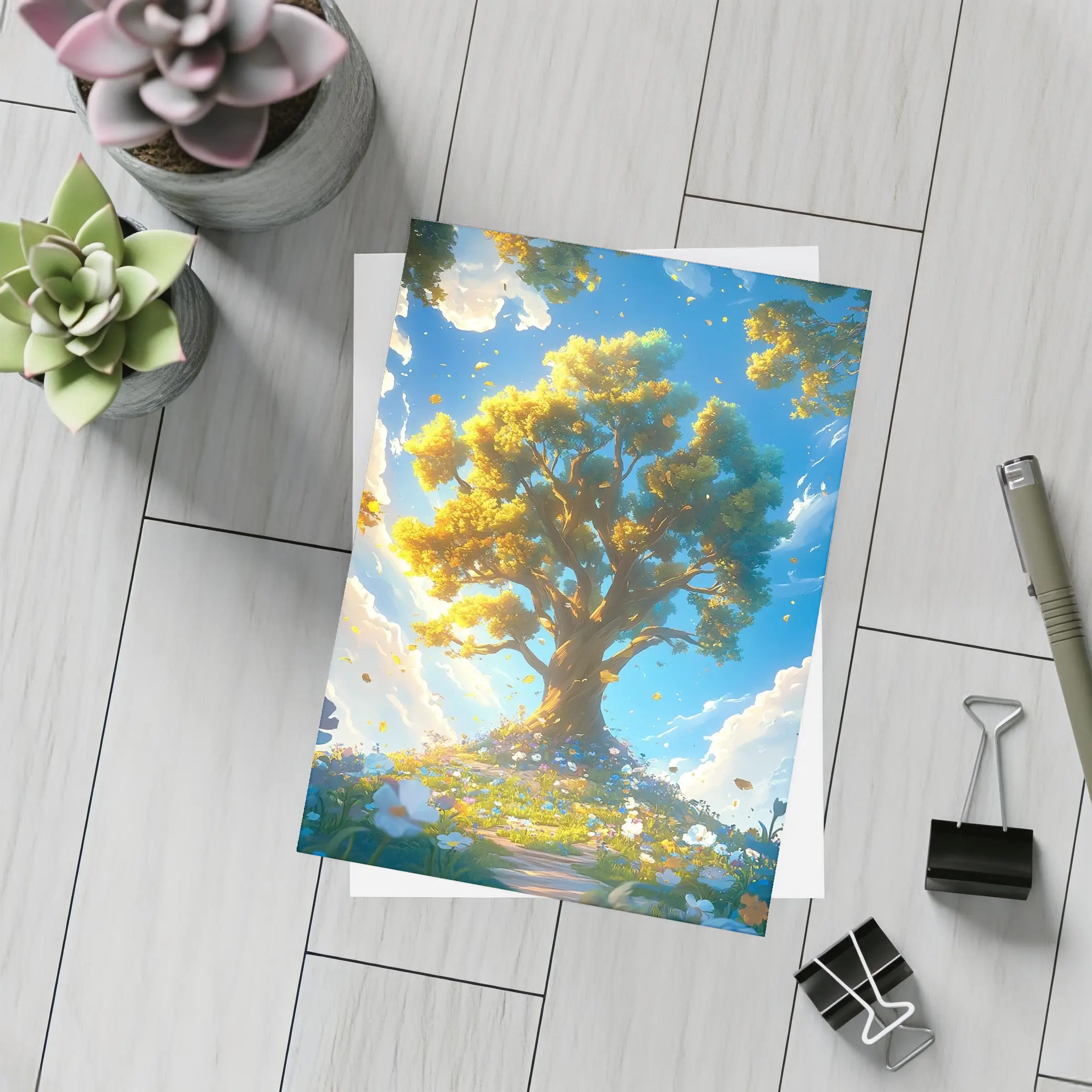 Golden Tree Blue Sky Floral Fantasy – Postcards