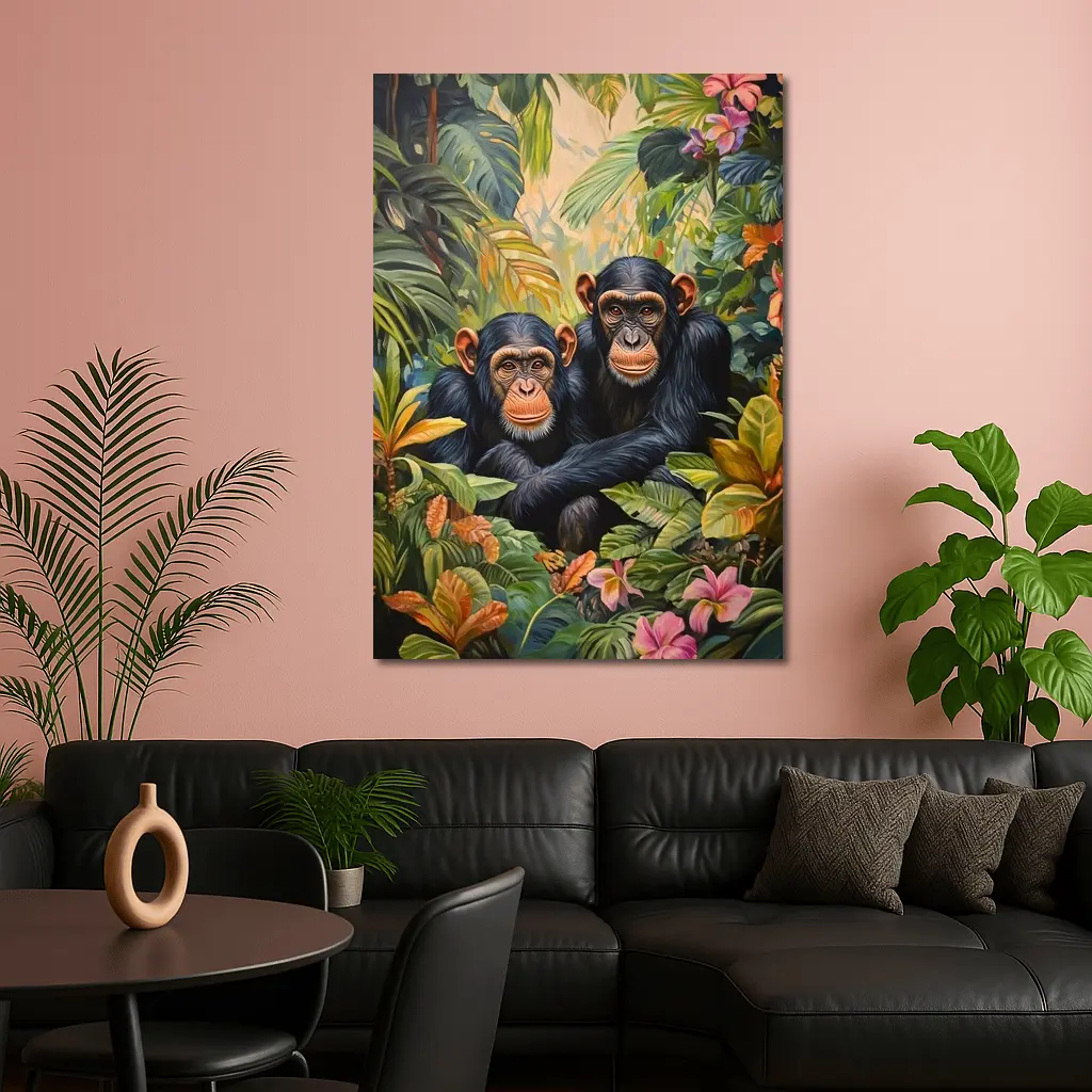 Two Chimpanzees Resting In Tropical Jungle – Wall Art