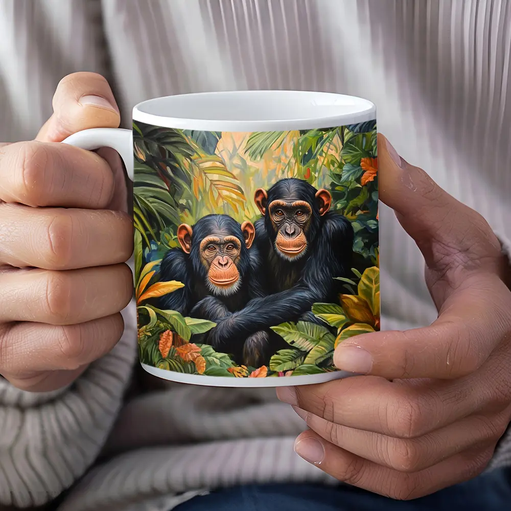 Two Chimpanzees Resting In Tropical Jungle – Mugs