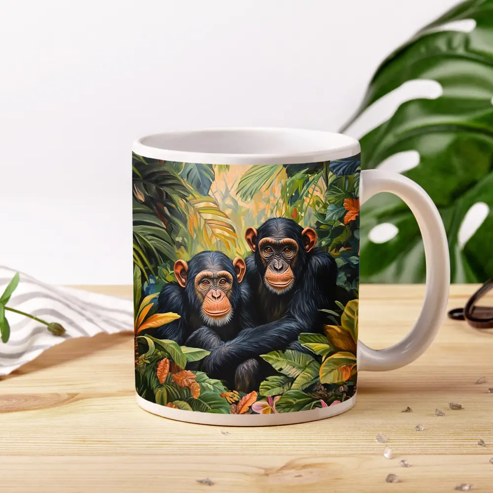 Two Chimpanzees Resting In Tropical Jungle – Mugs