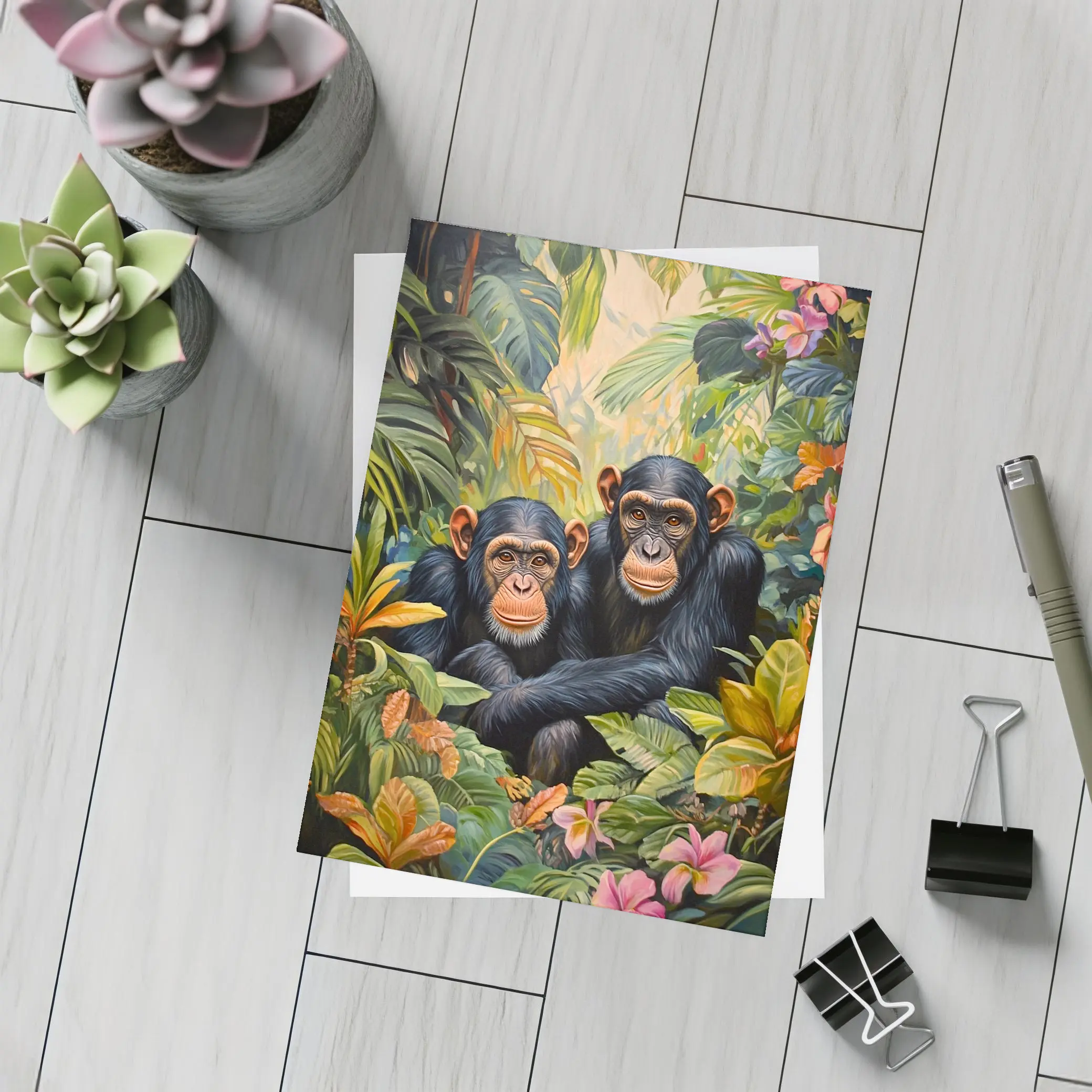 Two Chimpanzees Resting In Tropical Jungle – Postcards