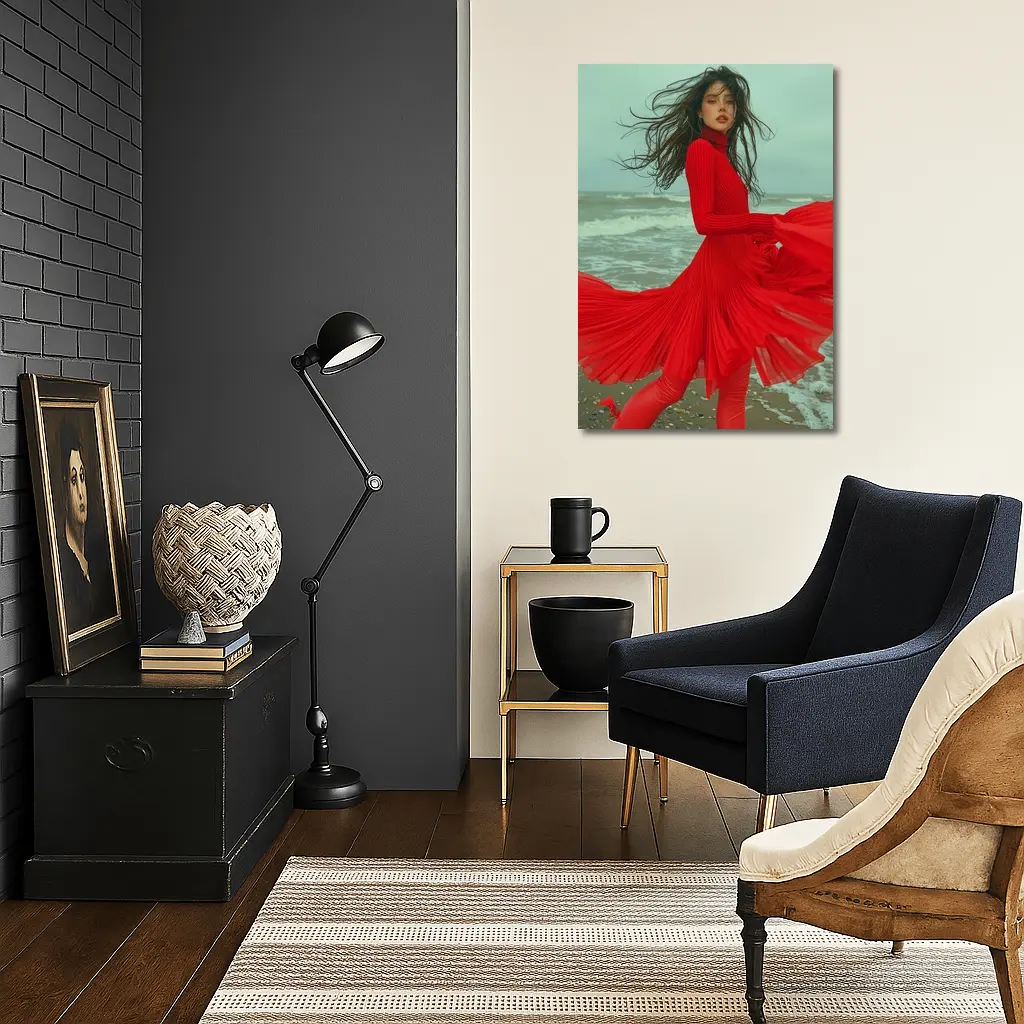 Red Dress Woman Windy Beach Shore – Wall Art