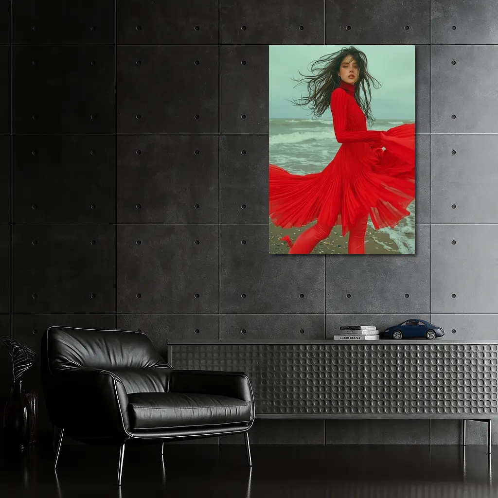 Red Dress Woman Windy Beach Shore – Wall Art