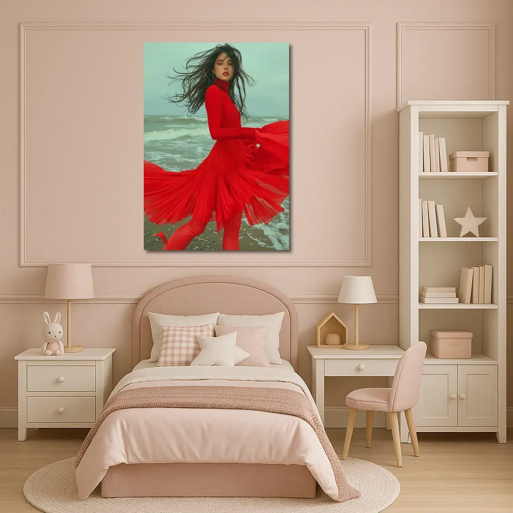 Red Dress Woman Windy Beach Shore – Wall Art