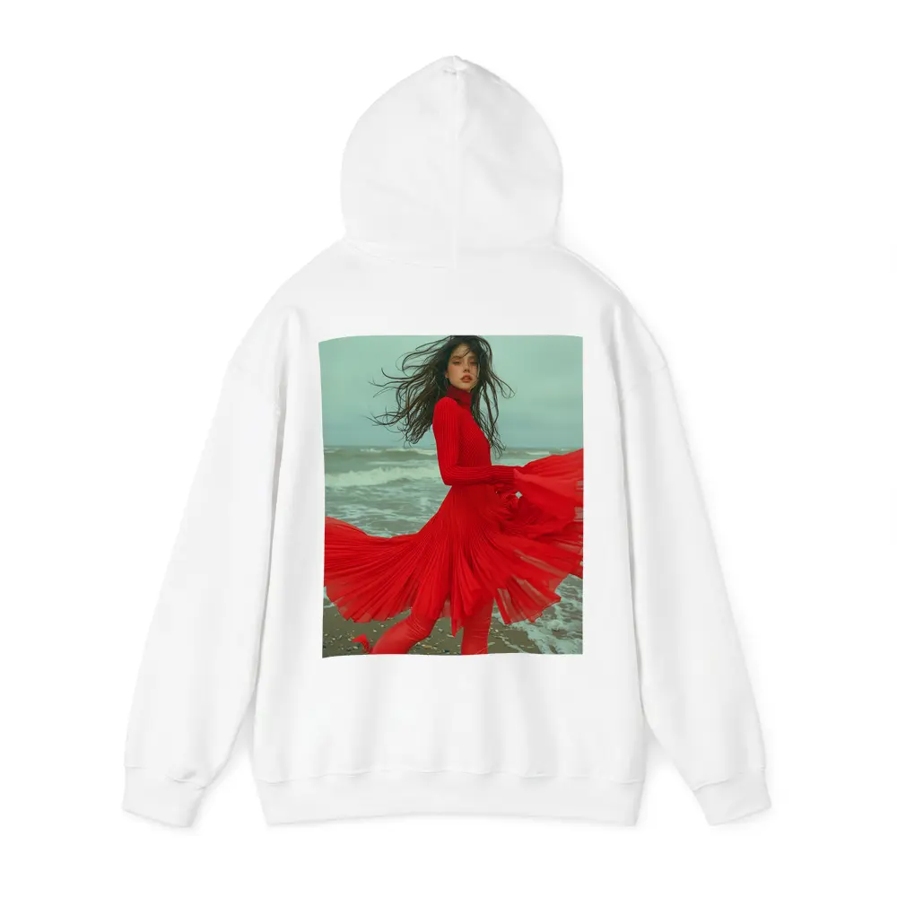 Red Dress Woman Windy Beach Shore – Hoodies
