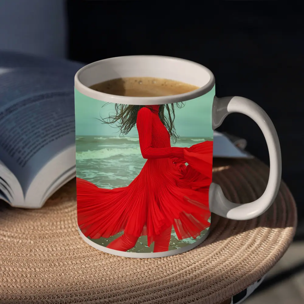 Red Dress Woman Windy Beach Shore – Mugs