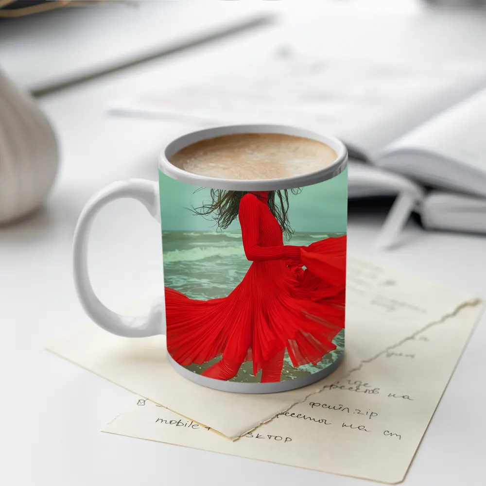 Red Dress Woman Windy Beach Shore – Mugs
