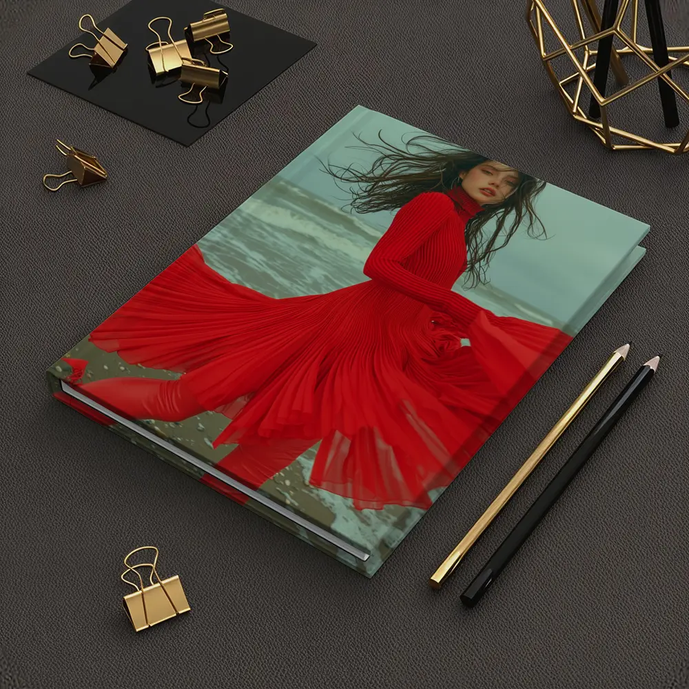 Red Dress Woman Windy Beach Shore – Notebooks