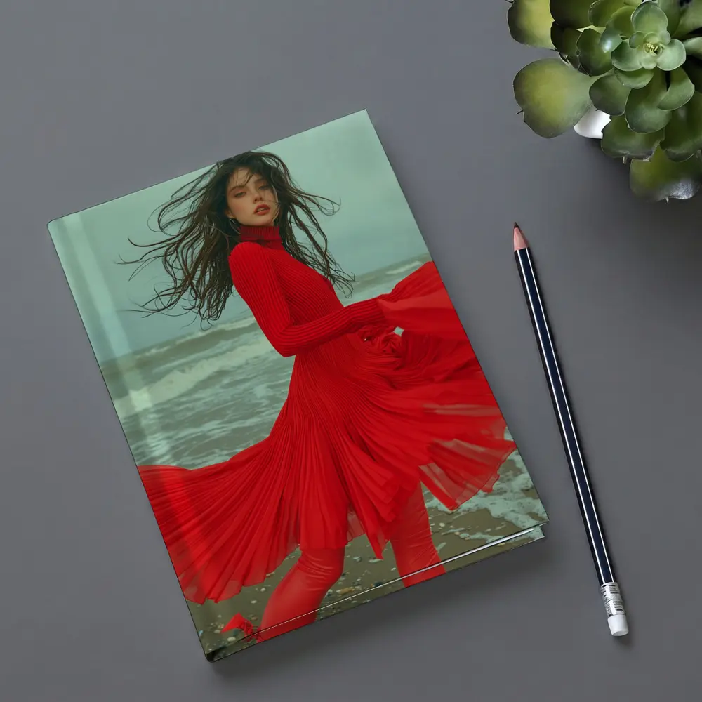 Red Dress Woman Windy Beach Shore – Notebooks