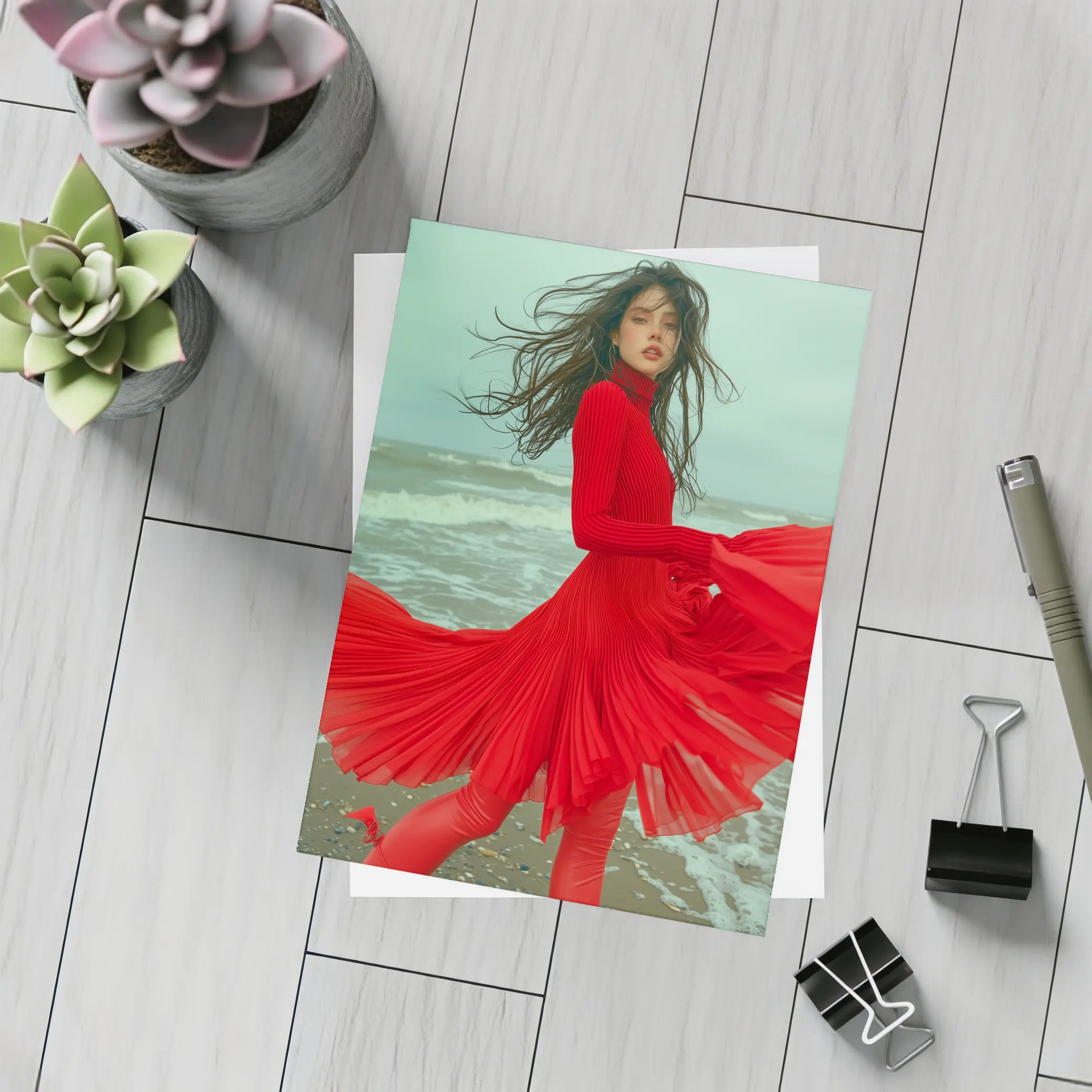 Red Dress Woman Windy Beach Shore – Postcards