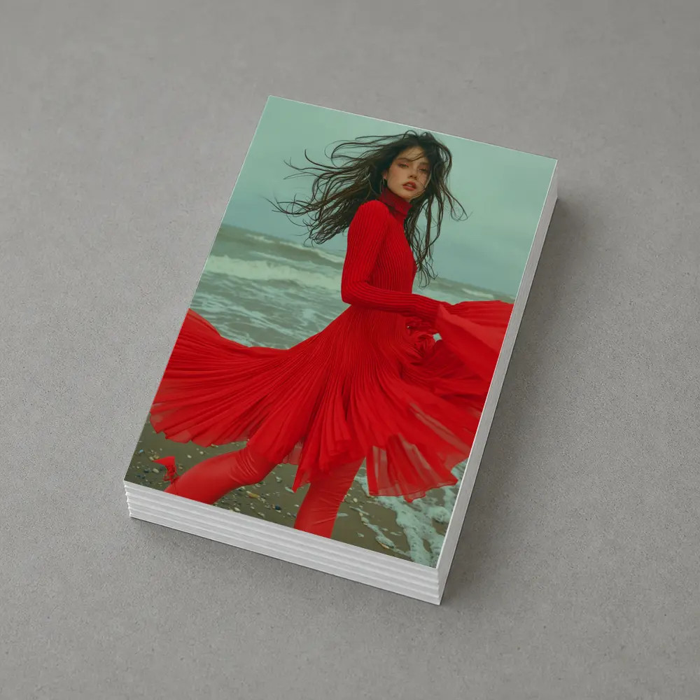 Red Dress Woman Windy Beach Shore – Postcards