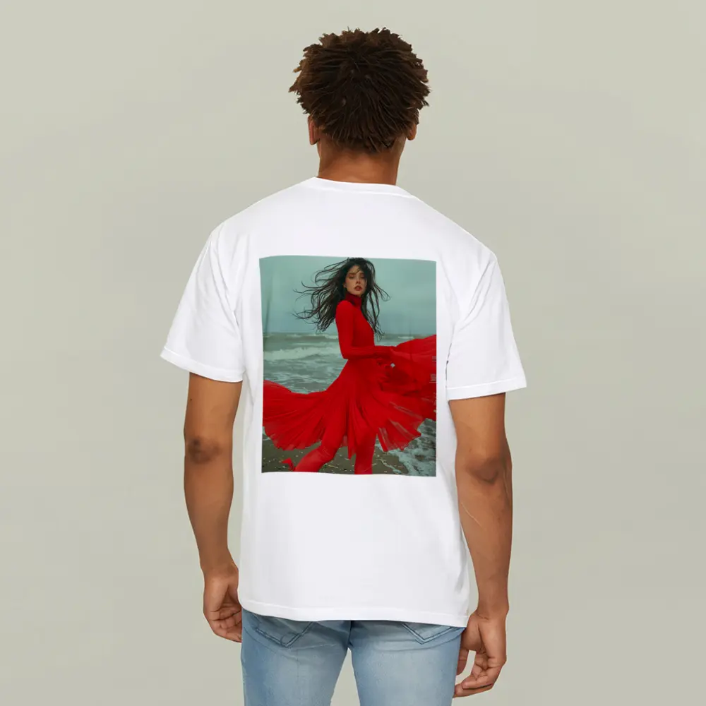 Red Dress Woman Windy Beach Shore – T-Shirts