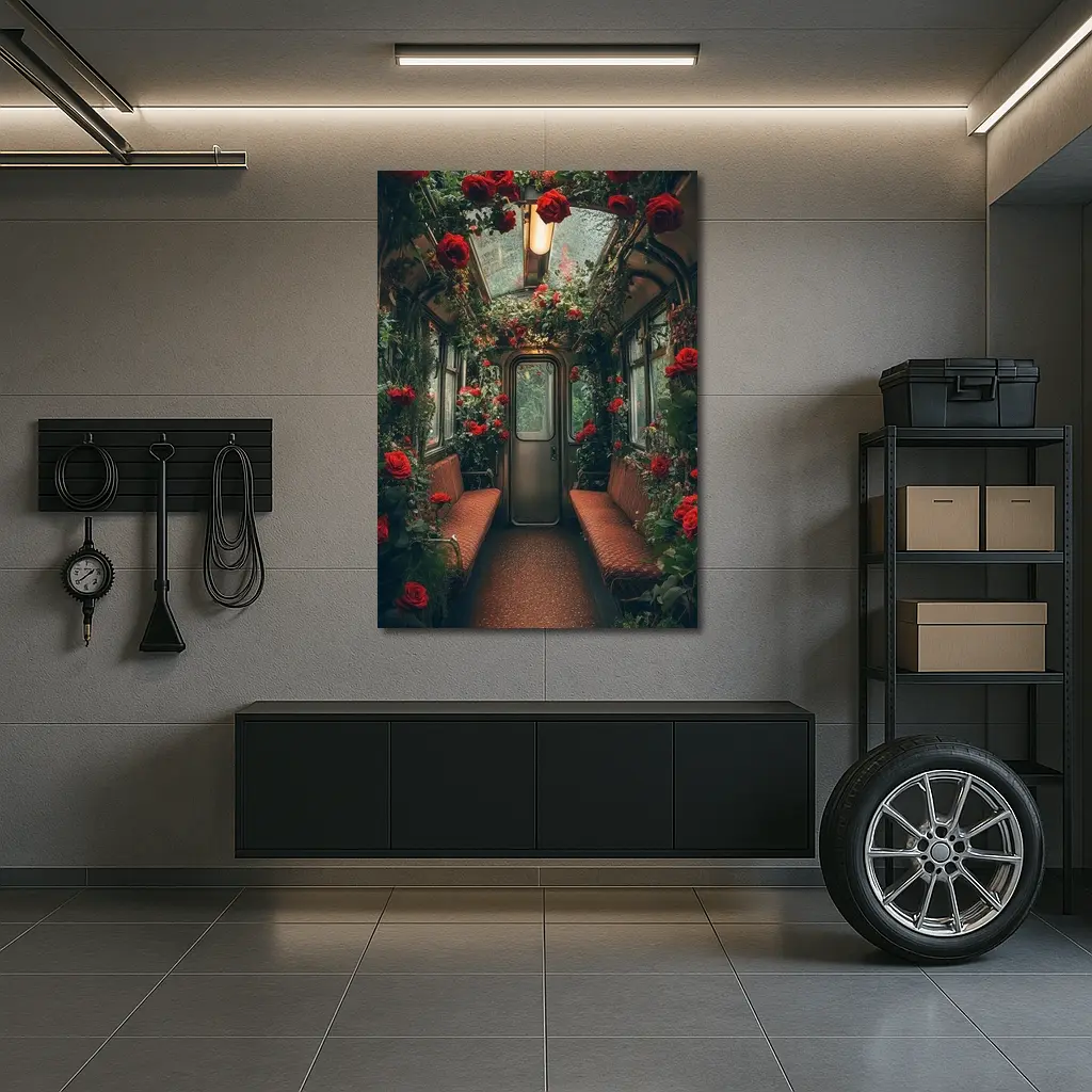 Red Roses Blooming Inside Vintage Train Car – Wall Art