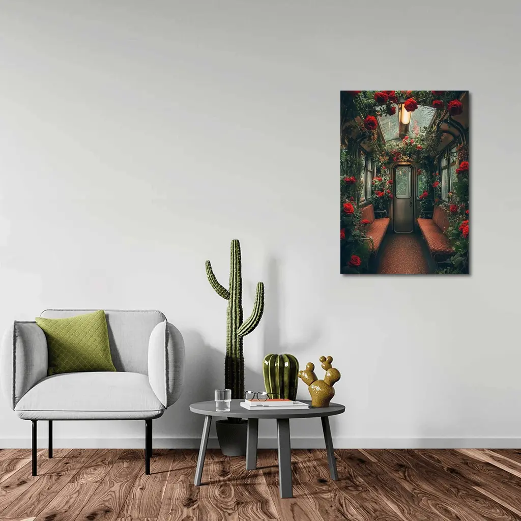 Red Roses Blooming Inside Vintage Train Car – Wall Art