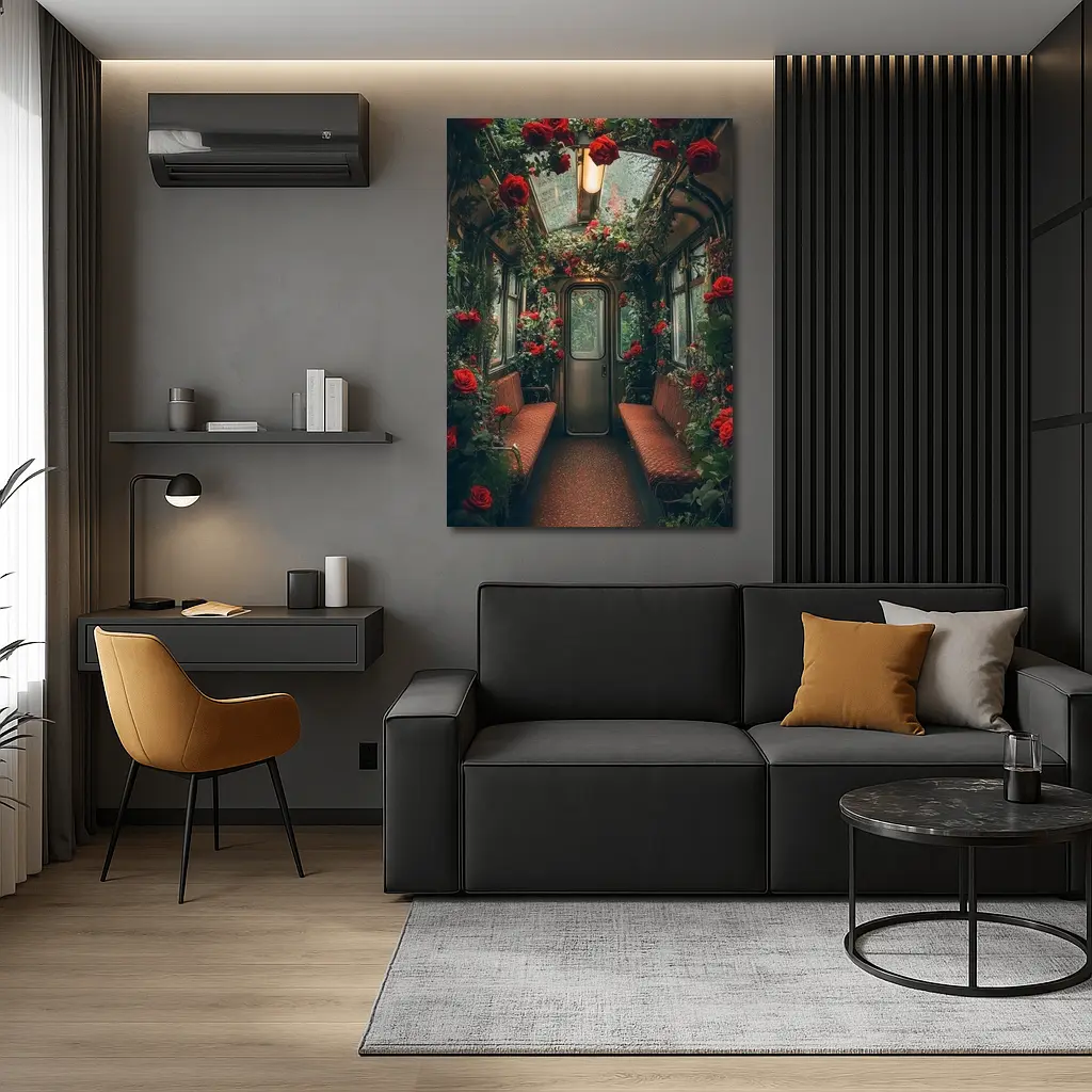 Red Roses Blooming Inside Vintage Train Car – Wall Art