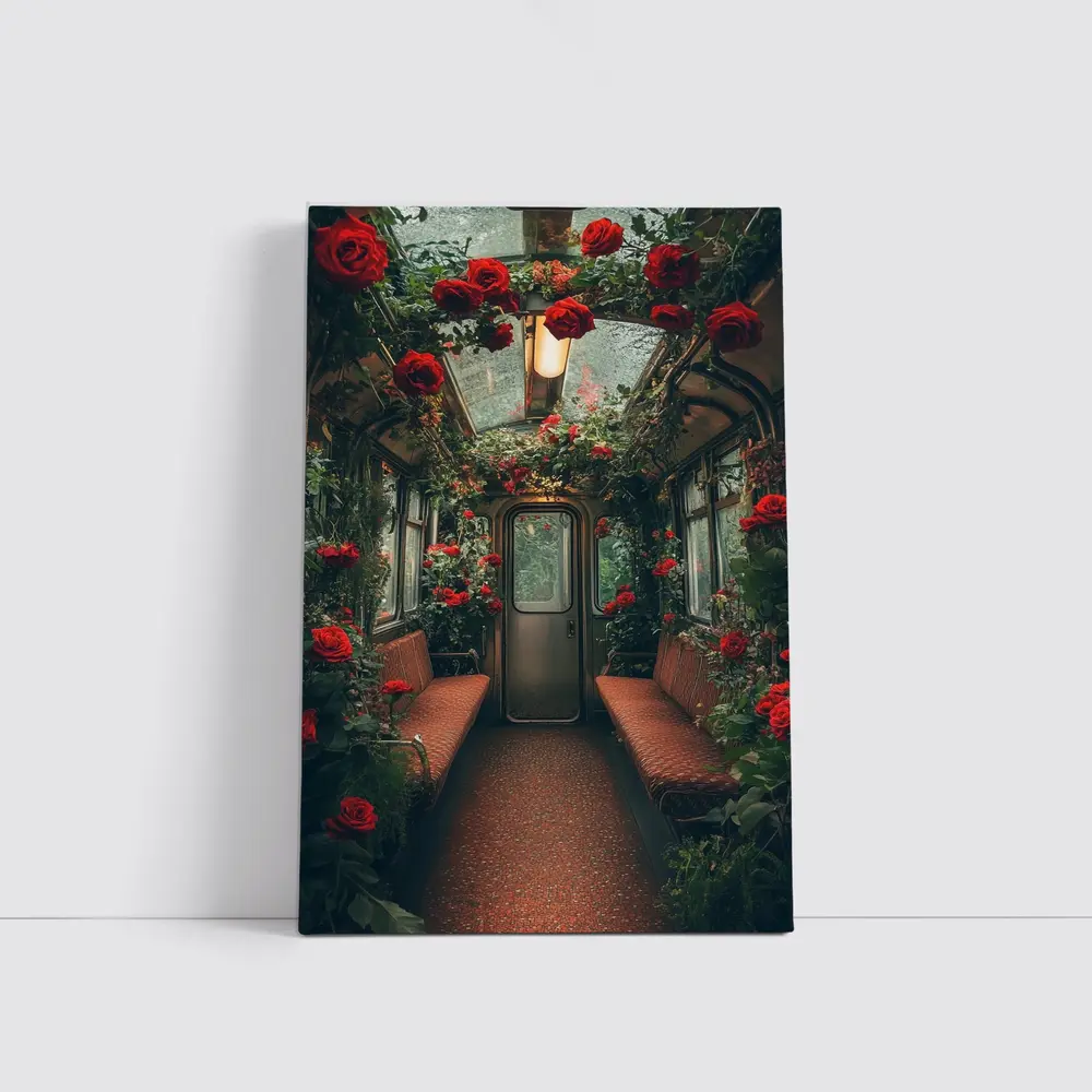 Red Roses Blooming Inside Vintage Train Car – Wall Art