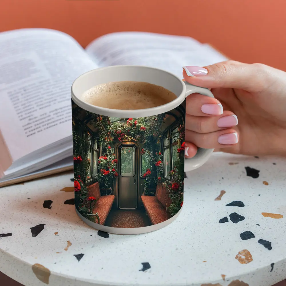 Red Roses Blooming Inside Vintage Train Car – Mugs