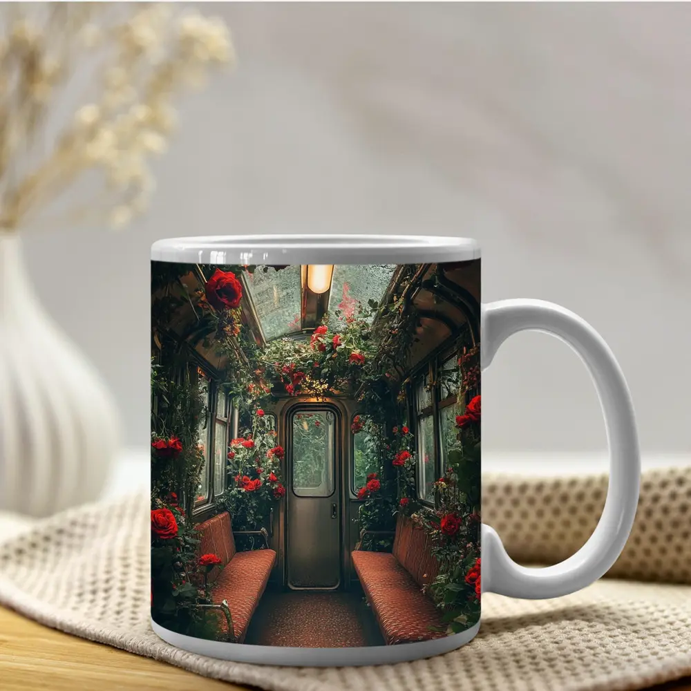 Red Roses Blooming Inside Vintage Train Car – Mugs