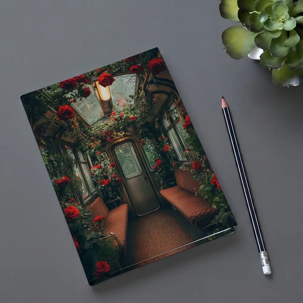 Red Roses Blooming Inside Vintage Train Car – Notebooks