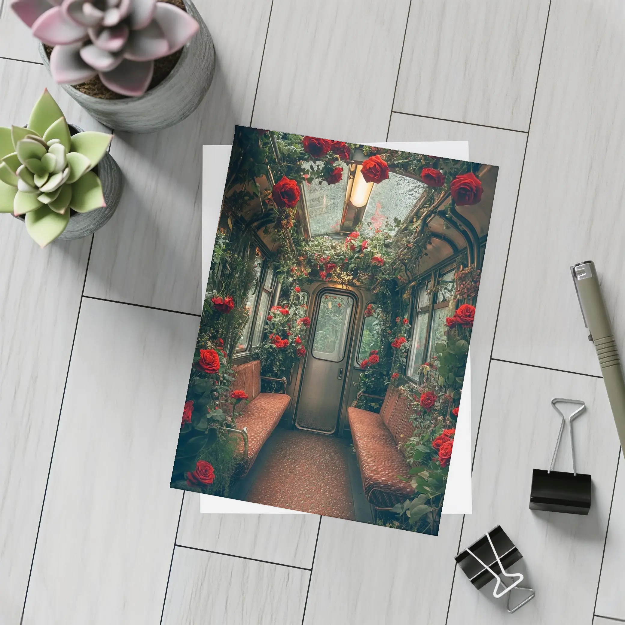 Red Roses Blooming Inside Vintage Train Car – Postcards
