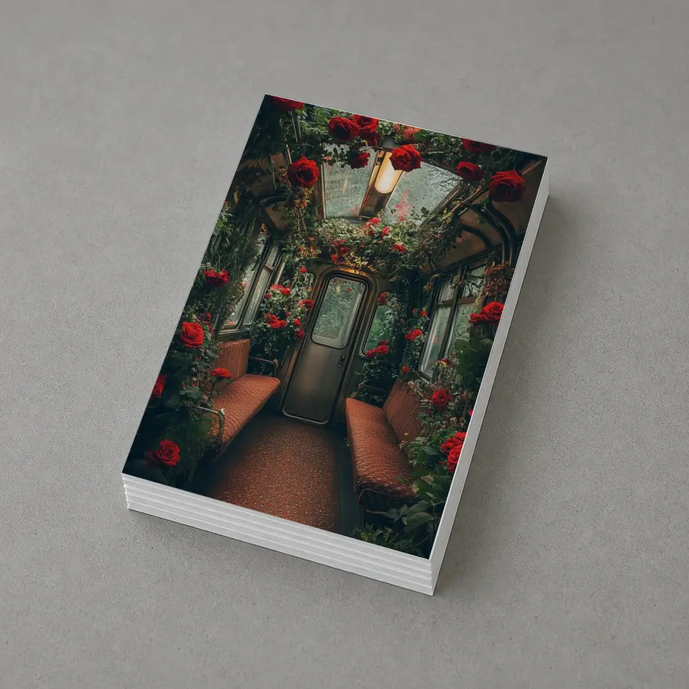 Red Roses Blooming Inside Vintage Train Car – Postcards