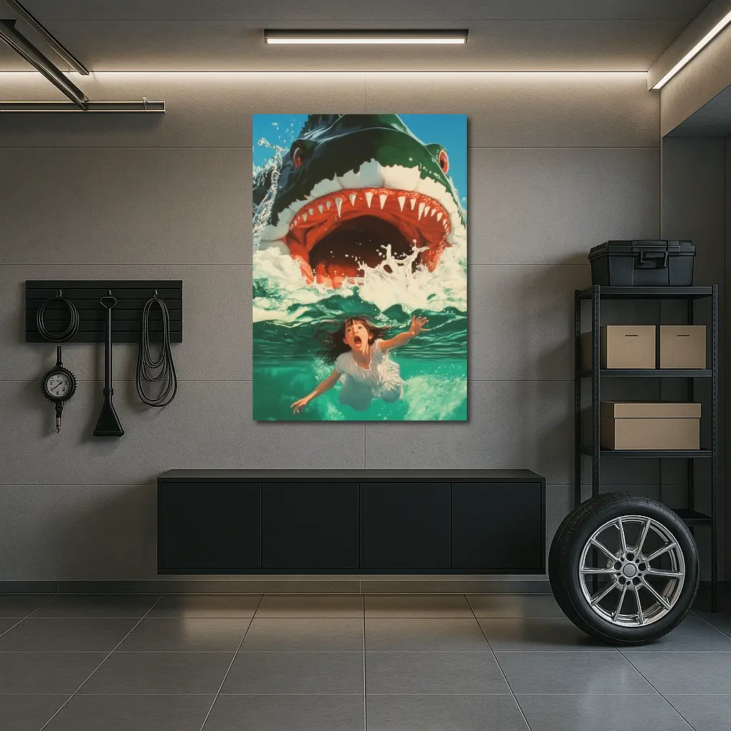 Giant Shark Attack Girl Ocean Waves Art – Wall Art